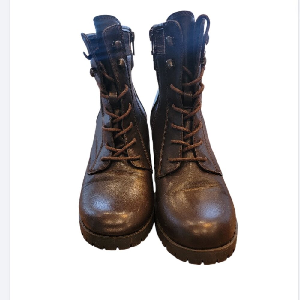 Anthropologie Seychelles Women's Brown Lace Up Boots Plaid Accent Lug Sole - Picture 4 of 11